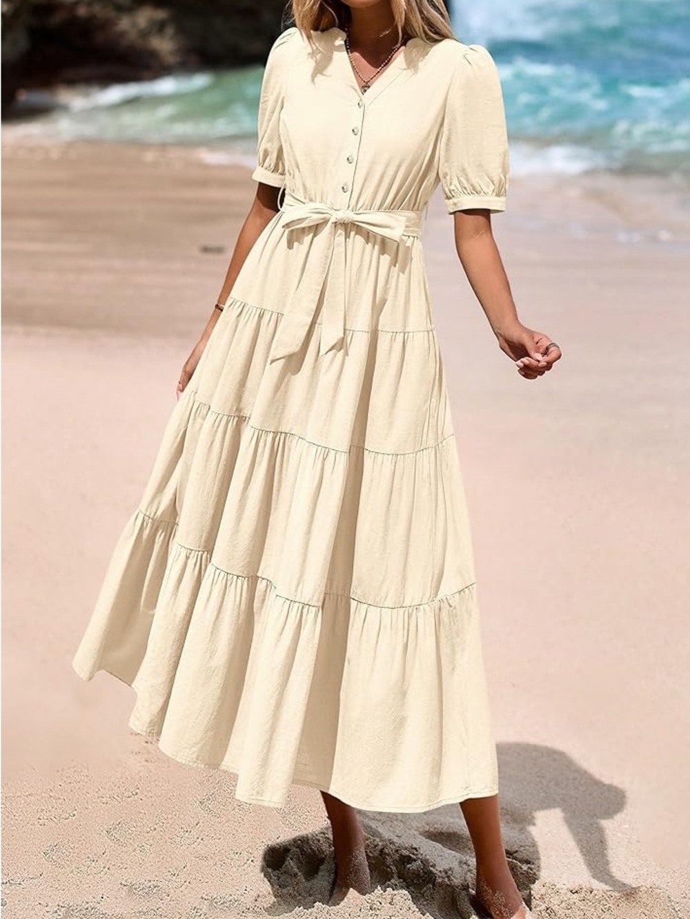 Gilli Cream Tiered Maxi Dress with Tie Waist
